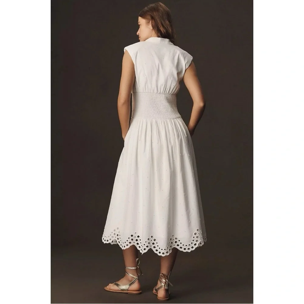 Anthropologie Maeve The Tommie Smocked Shirt Dress Eyelet Trim Zip Front Large - Picture 5 of 11